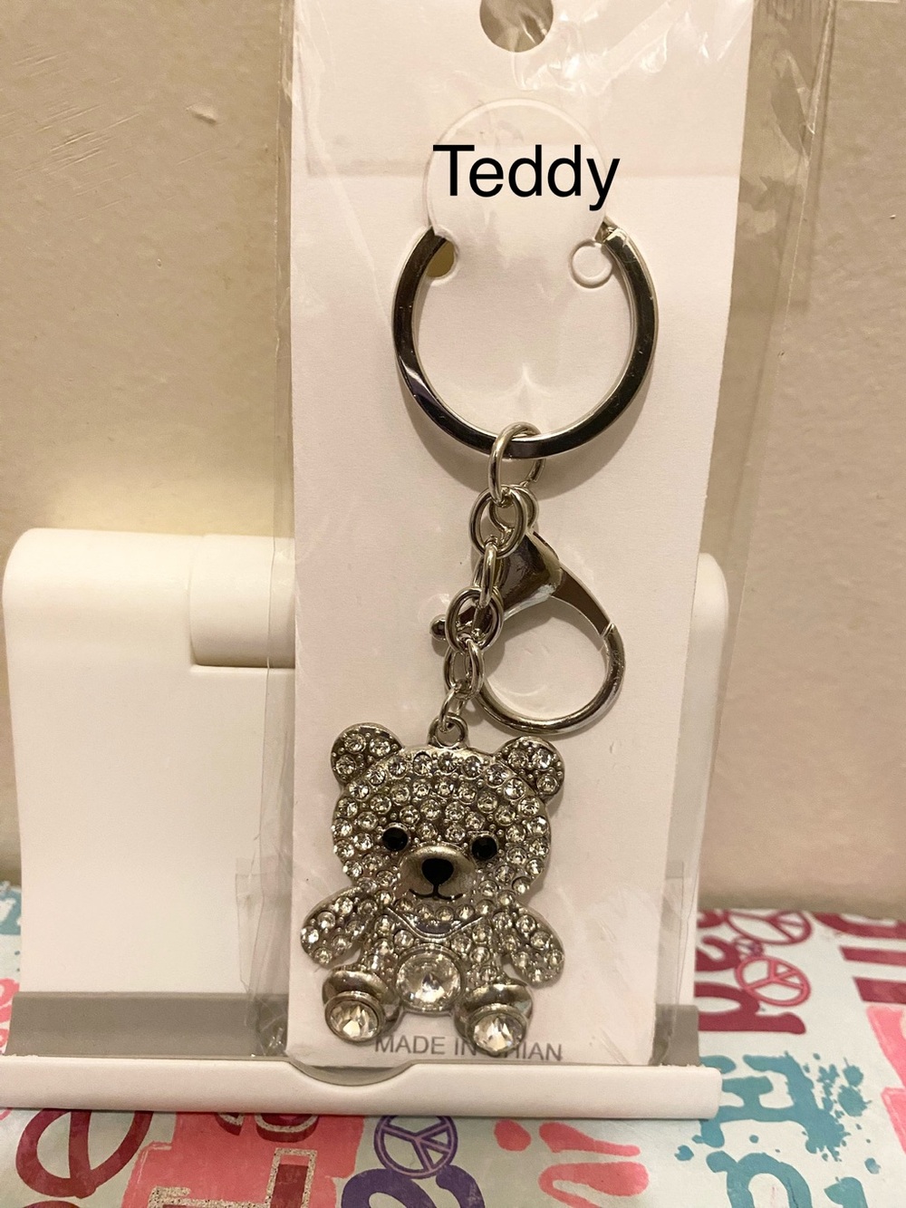 Crystal Teddy Bear Keychain Bag Charm - Silver